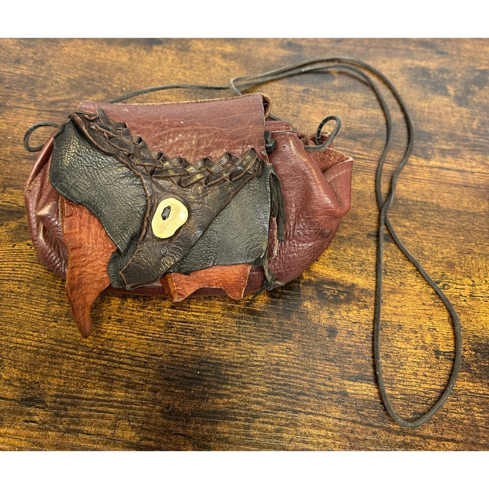 Handmade Artisan Leather Crossbody Pouch Bag Brown Patchwork Bone Button Boho - Picture 4 of 16